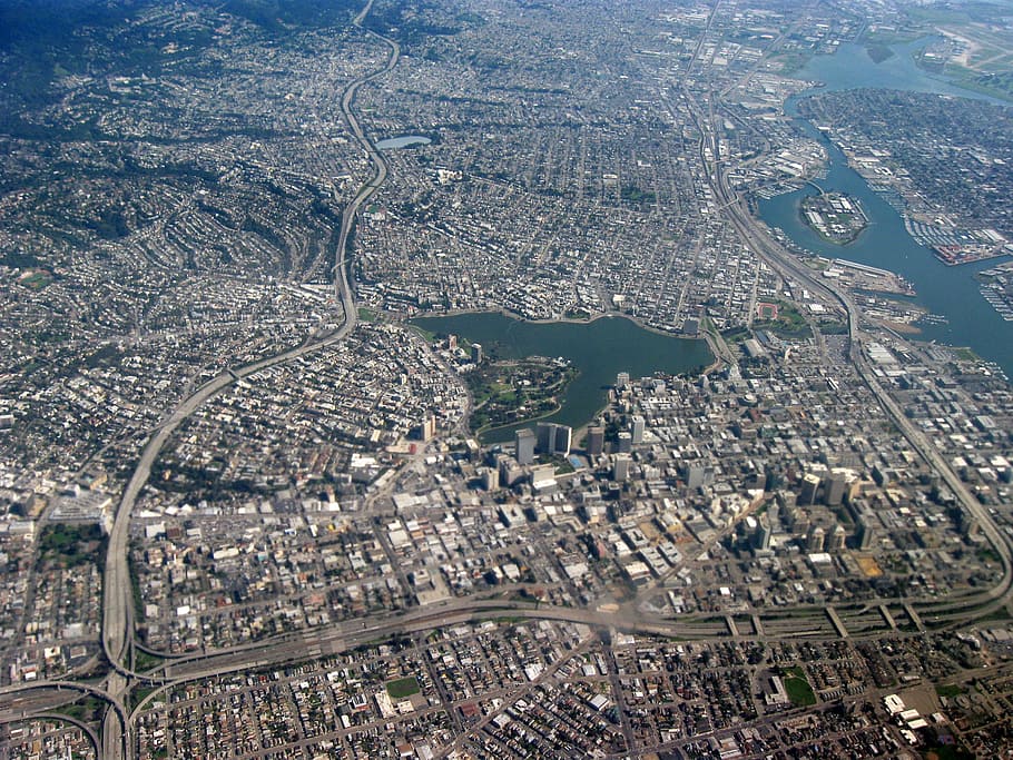 Aerial view of center of Oakland, California, buildings, photos