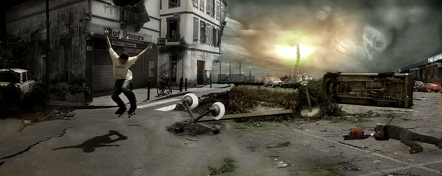 man jumping, skate, apocalyptic, doomsday, crash, night, revolution HD wallpaper
