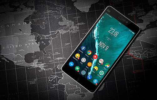 black Xioami Android smartphone on top of world map illustration HD wallpaper