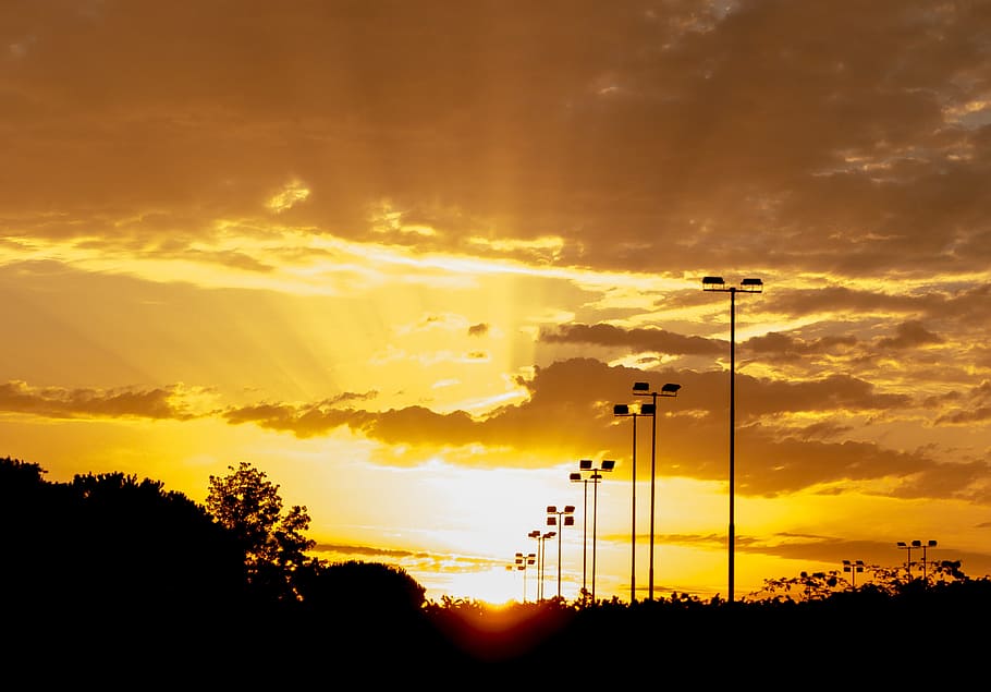 Street Lights during Sunset, clouds, dark, dawn, dusk, energy HD wallpaper