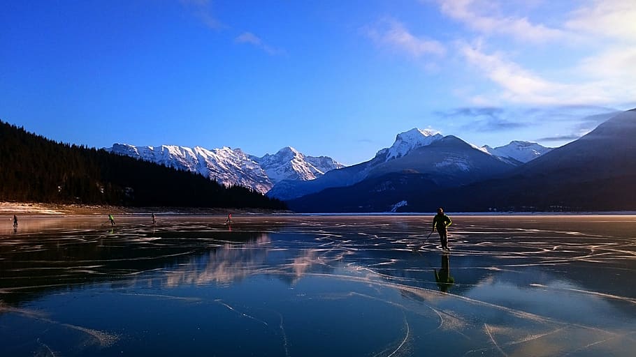 mountain, snow, nature, water, lake, outdoors, scenic, skating