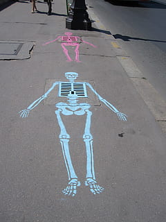 two pink and blue skeleton artwork on gray pavement, Sewer HD wallpaper