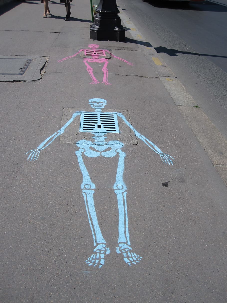 two pink and blue skeleton artwork on gray pavement, Sewer HD wallpaper