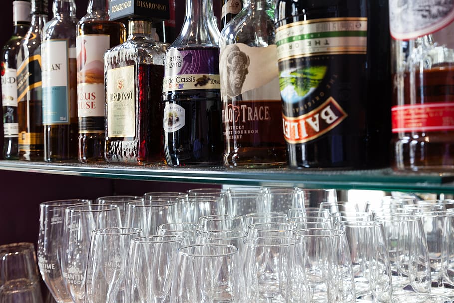 spirits, bottle, bar, shelf, glass, alcohol, drink, beverage HD wallpaper