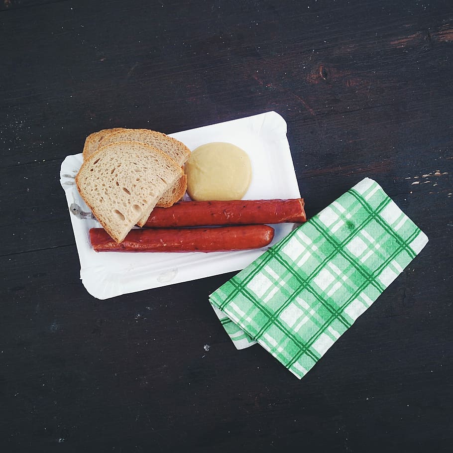 Traditional Czech smoked sausage, bread, top view, food, breakfast HD wallpaper