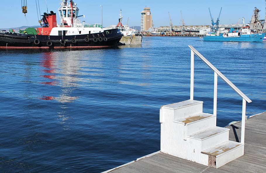 quay wall, stairs, sea, ships, depart, end of the road, wanderlust, HD wallpaper