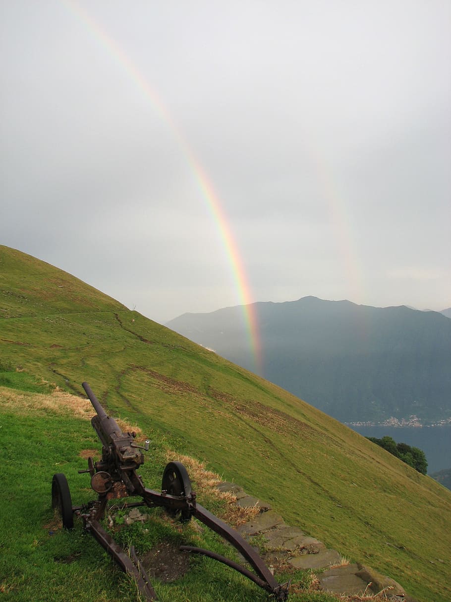 double rainbow, sunbeam, light, cloudy, sky, weather, cloudscape HD wallpaper