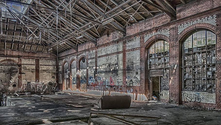 lost places, hall, leave, lapsed, old, factory, ruin, old factory HD wallpaper