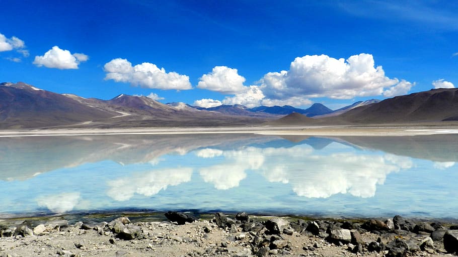 landscape of lake, large body of water near mountains, sky, blue HD wallpaper