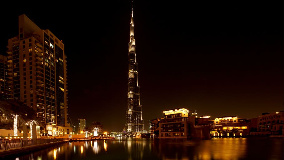 Burj Khalifa tower, dubai, skyscraper, night, light, mirroring