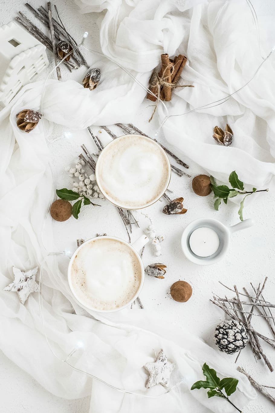 two white ceramic cups on white textle, round white bowls and mug HD wallpaper