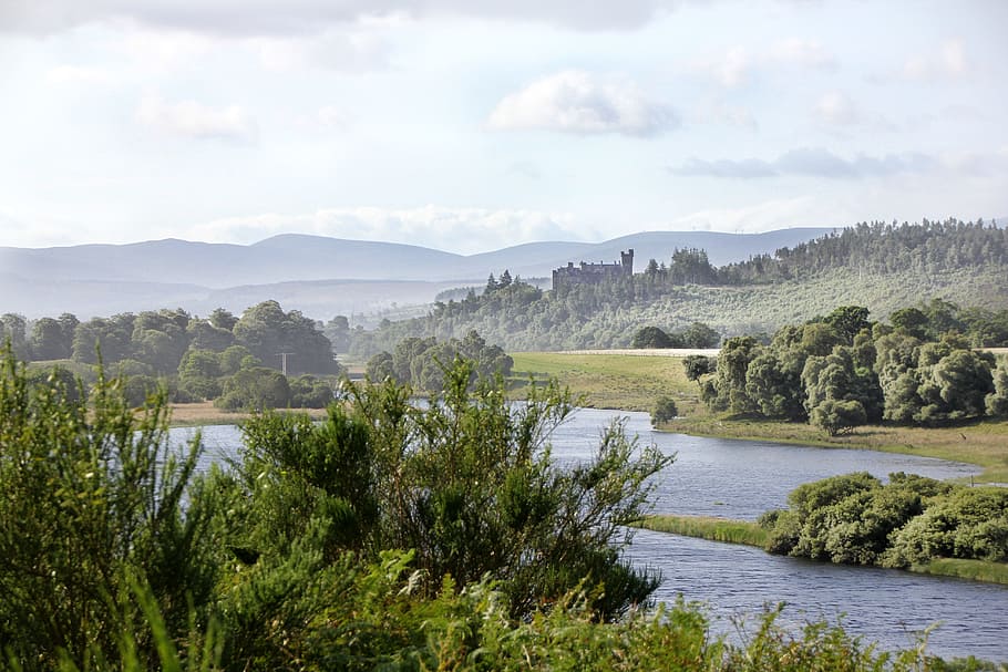 river surrounded by tree, scotland, landscape, clouds, sky HD wallpaper