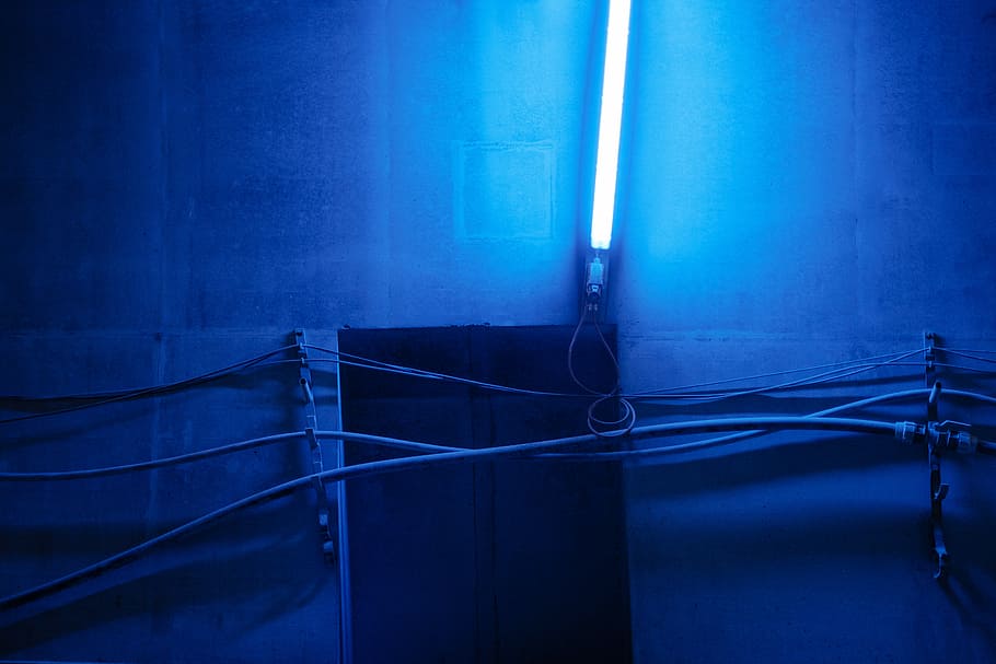 brown wooden door with blue light, untitled, wires, cable, bare concrete HD wallpaper