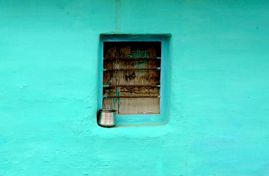 gray steel container on window with teal paint, brown wooden board HD wallpaper