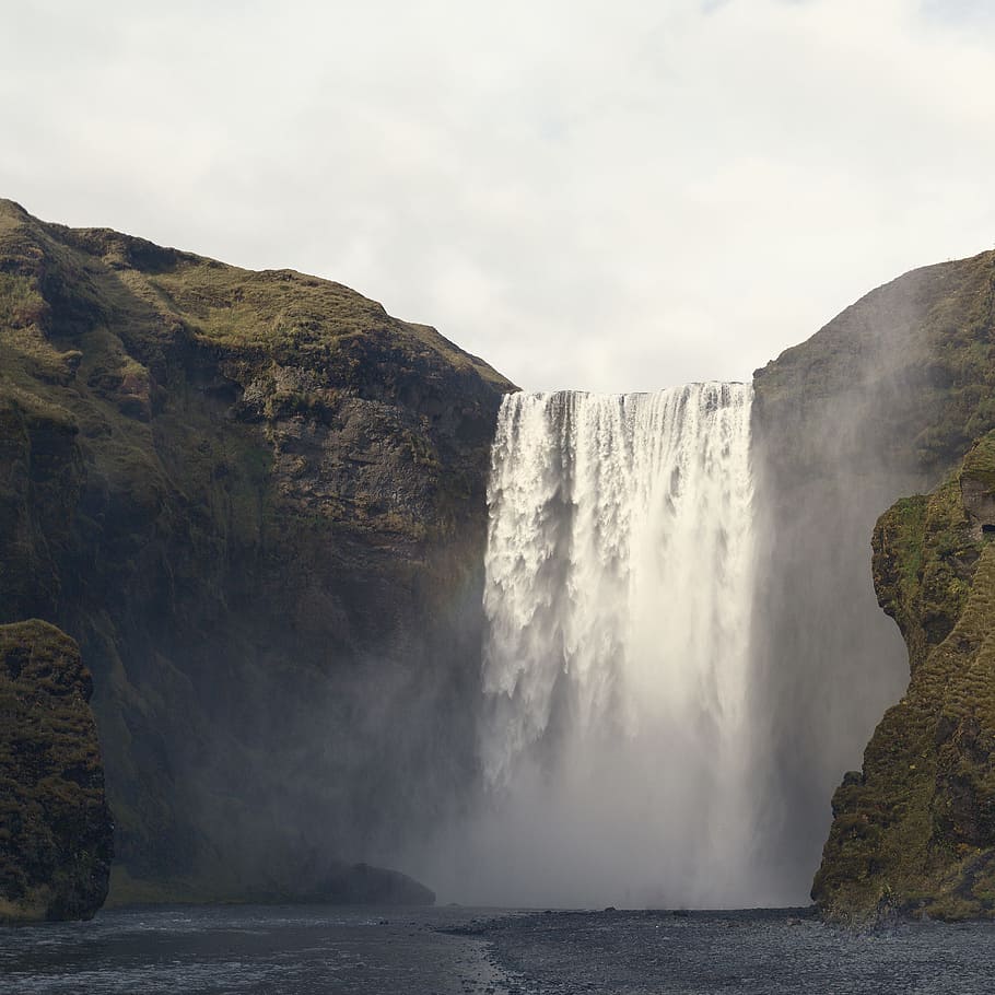 mountain, highland, hill, moss, waterfalls, coast, landscape HD wallpaper