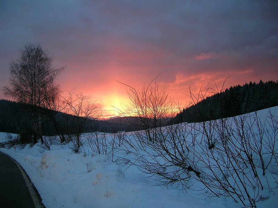 sunset, landscapes, sky, red, twilight, nature, winter, snow HD wallpaper