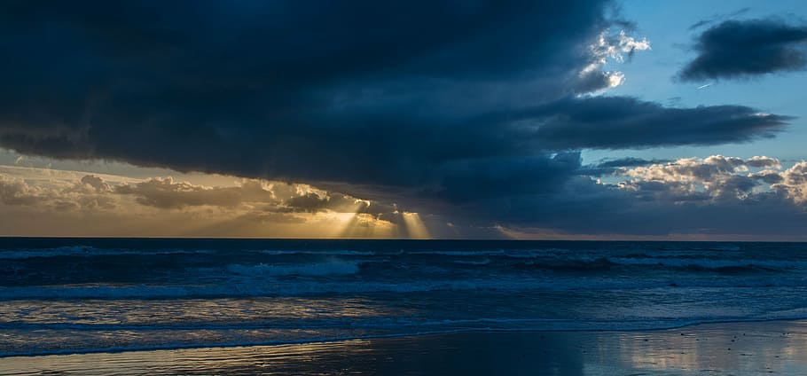 sunset, beach, sea, landscape, afternoon, dusk, shore, blue HD wallpaper