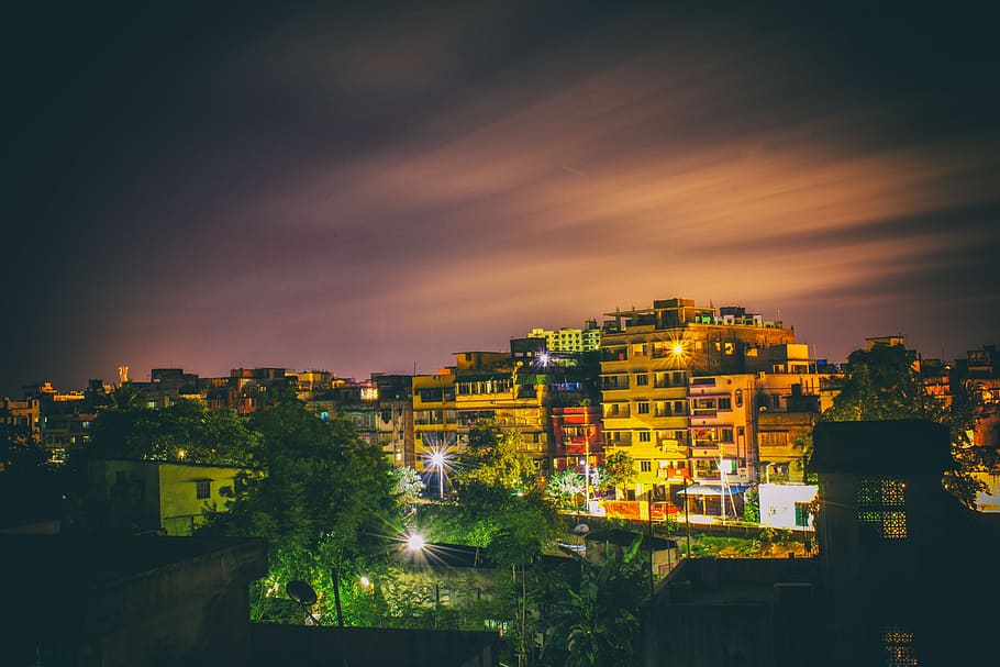 architecture, buildings, infrastructure, night, lights, sky HD wallpaper