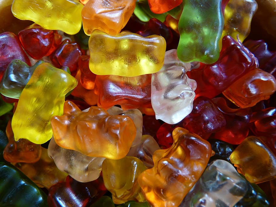 closeup of gummy bears candies, gummi bears, fruit gums, sweetness