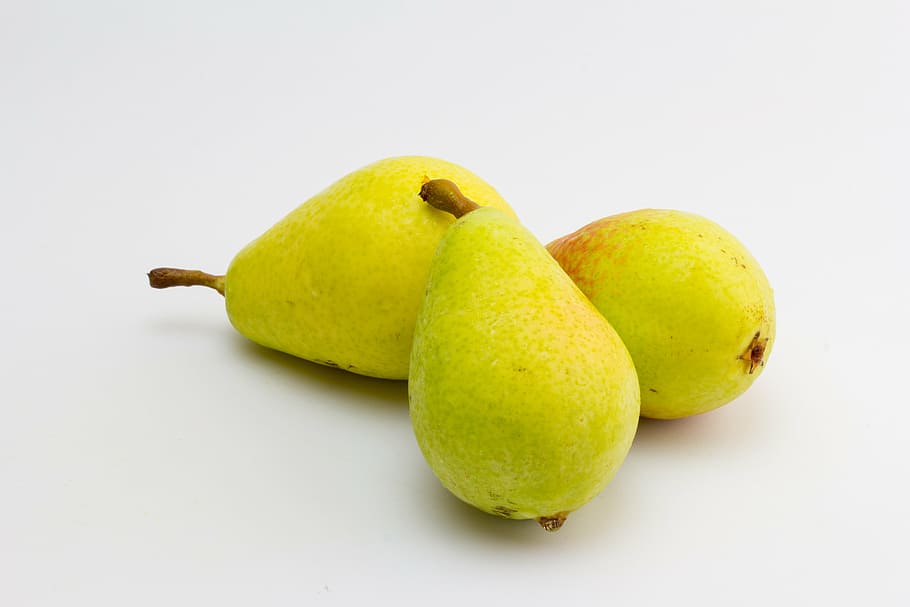 three yellow citrus fruits, pear, mature, still life, bless you HD wallpaper