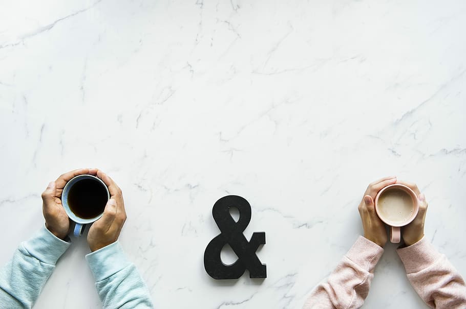 two person holding white and blue ceramic mugs with liquid, aerial, HD wallpaper