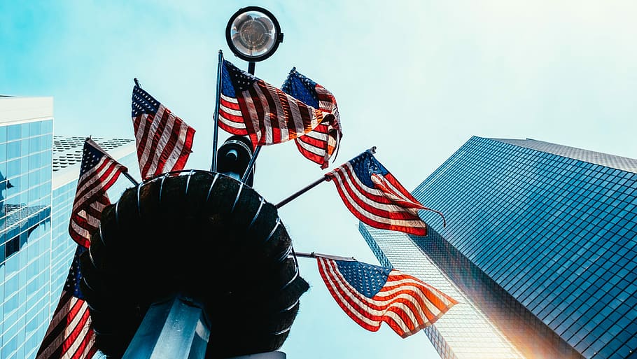 Flag, seven American flags on black holder, looking up, buildings HD wallpaper