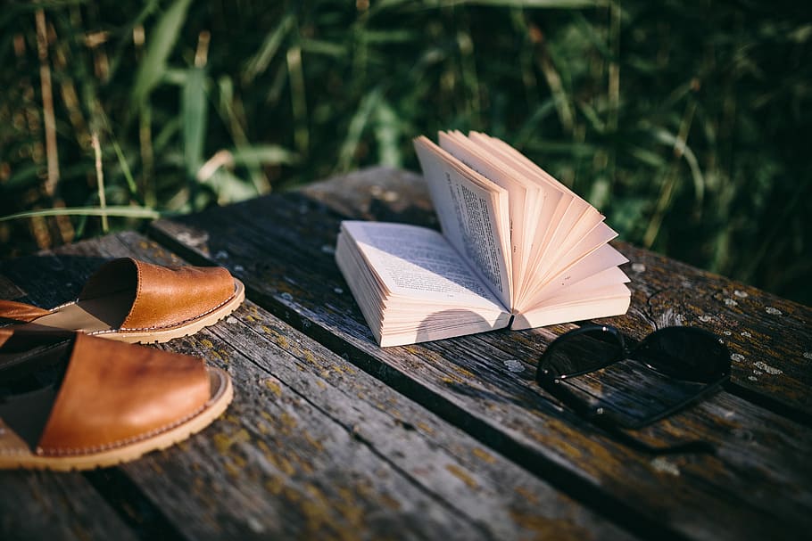 Reading book at lake, people, summer, opened notebook, time, old pier, HD wallpaper