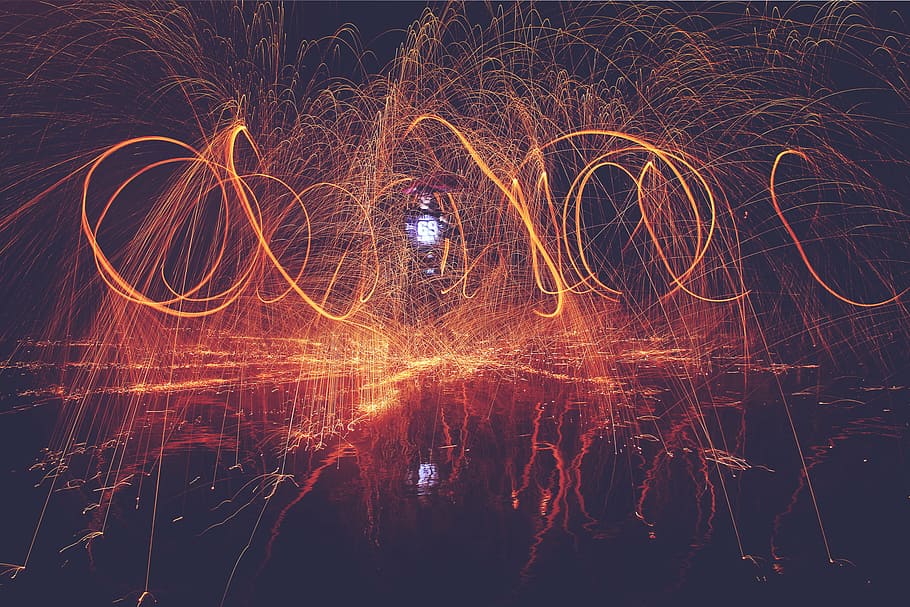 red and yellow fireworks display, orange, lights, spark, flame HD wallpaper