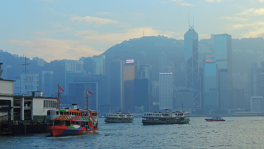 hongkong, ferry, asia, city, landmark, victoria, downtown, building, HD wallpaper