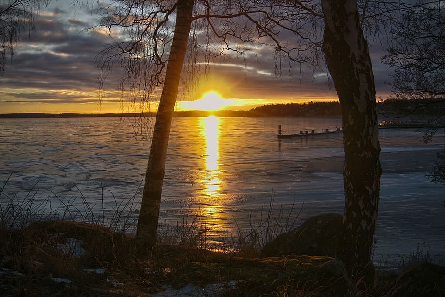 lake, ice, winter, sunset, frozen, nature, beautiful, landscape HD wallpaper