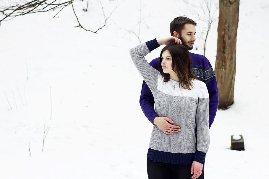 cold, snow, fashion, man, adults, affection, blur, clothes, couple HD wallpaper