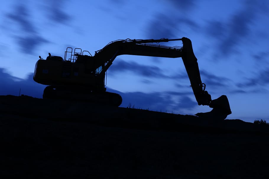 night, movement, long exposure, excavators, site, construction machine