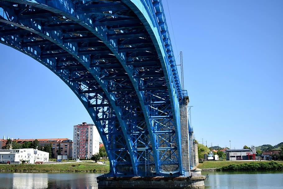 bridge, blue, architecture, sky, river, urban, water, built structure HD wallpaper