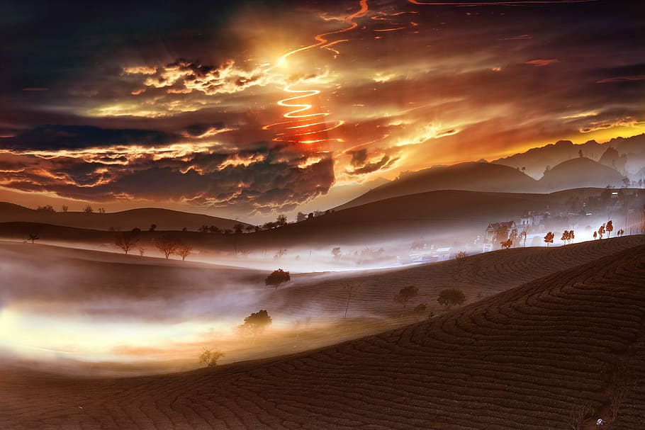 sunrise over the horizon, landscape, cloud, nature, sky, lights HD wallpaper
