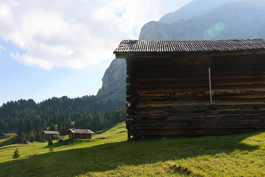 Dolomites, Baita, Mountain, Tranquility, nature, hut, house, HD wallpaper