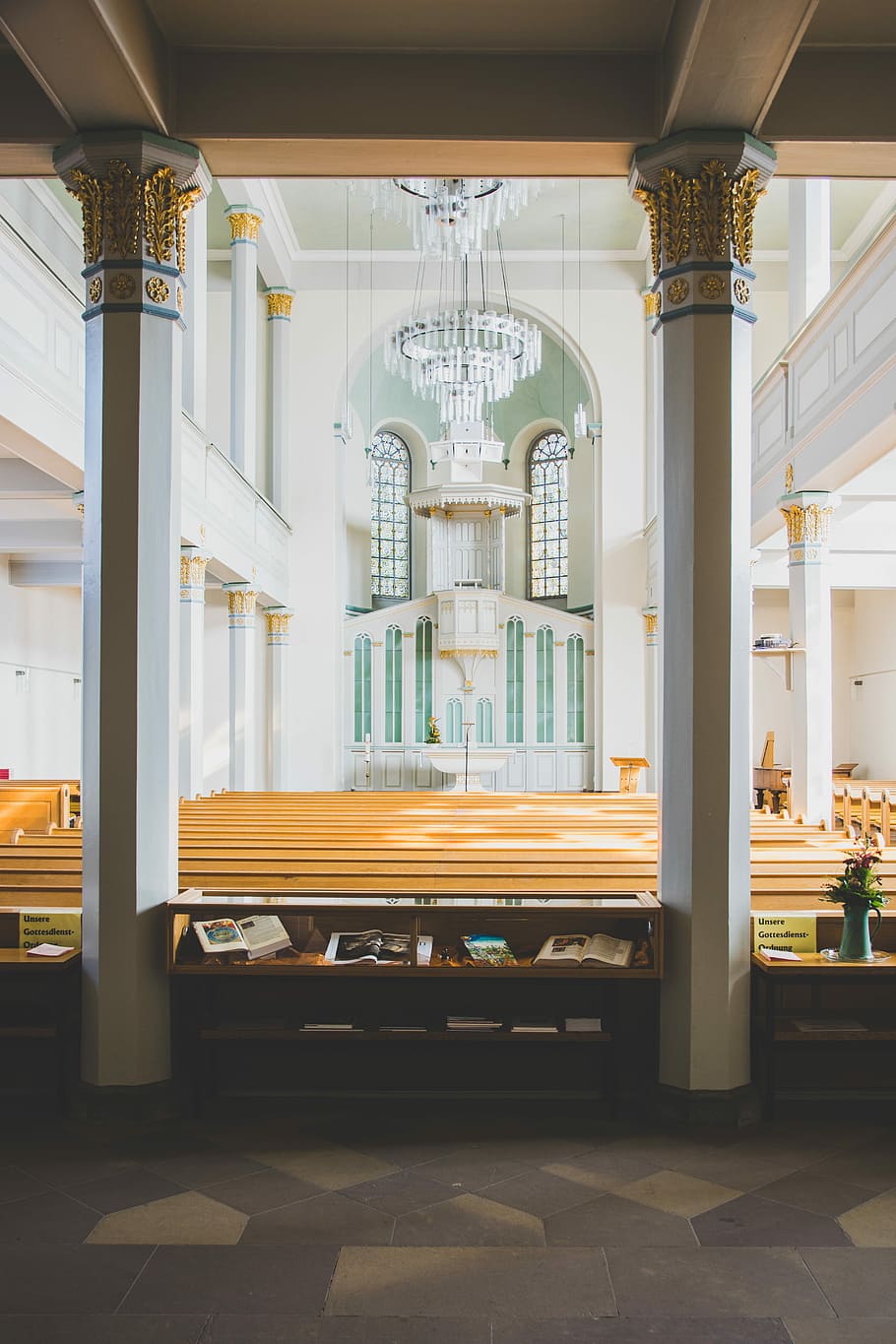 piled wooden pew bench in church, architectural photography of cathedral HD wallpaper