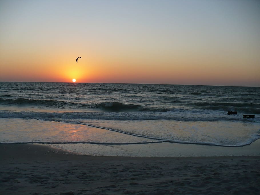 sunset, windsurfer, beach, sea, nature, water, sky, wave, dusk HD wallpaper