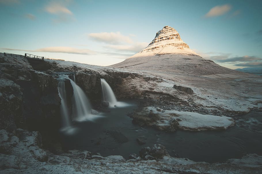 waterfalls near on mountains, nature, landscape, clouds, sky HD wallpaper