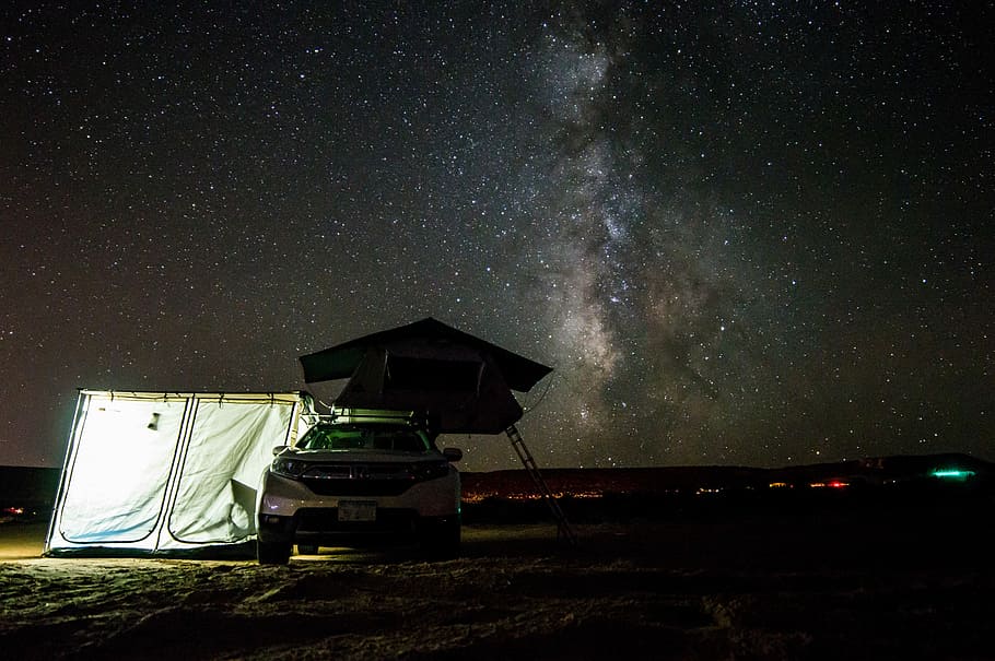 white car near milky way, white car beside white tent, camping HD wallpaper