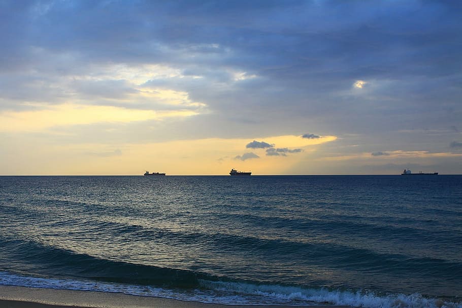 Ocean, Clouds, Wave, Ship, Morning, sky, florida, sea, sunset HD wallpaper
