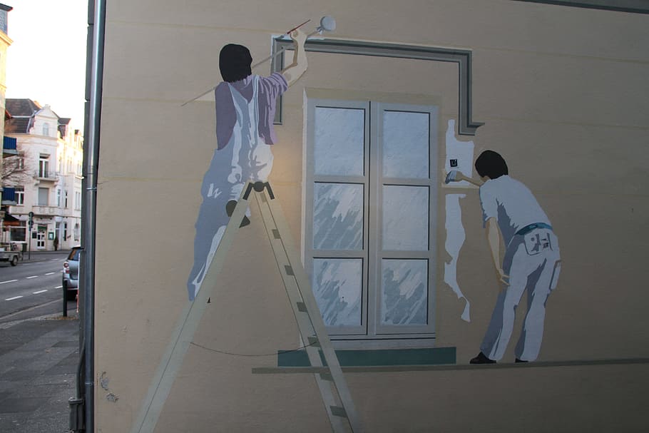 animated person painting wall, Graffiti, Painter, Window, rear view HD wallpaper