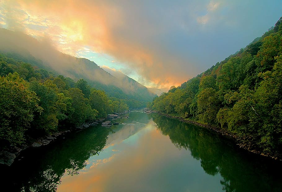 sunrise, reflection, water, calm, outdoors, fayette station HD wallpaper