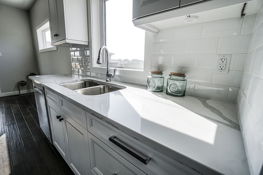 kitchen, white kitchen, counter top, luxury, design, tile, granite, HD wallpaper