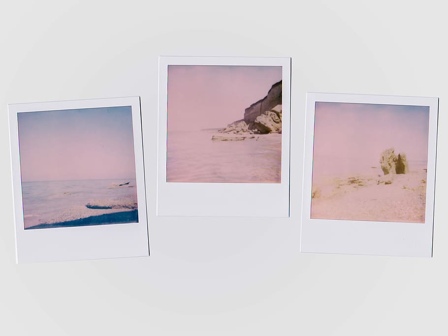 three beach illustrations, three seashore photos, polaroid, photography, HD wallpaper
