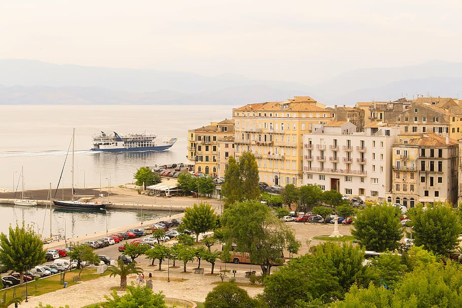 corfu, ferry, ship, port, sea, italy, europe, architecture HD wallpaper