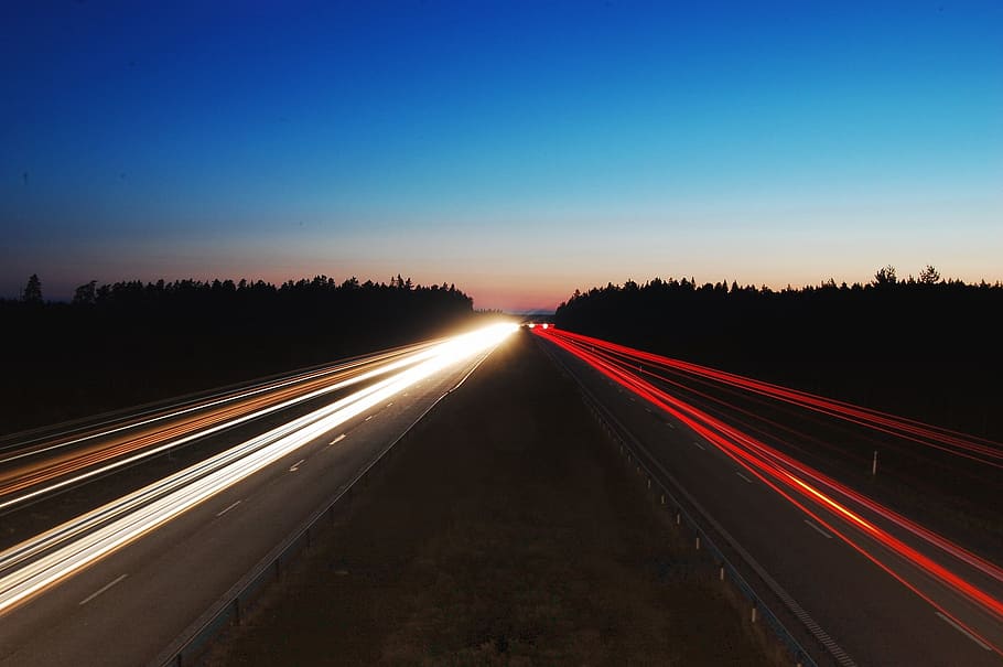 road, highway, lights, transportation, trees, blue, sky, motion HD wallpaper