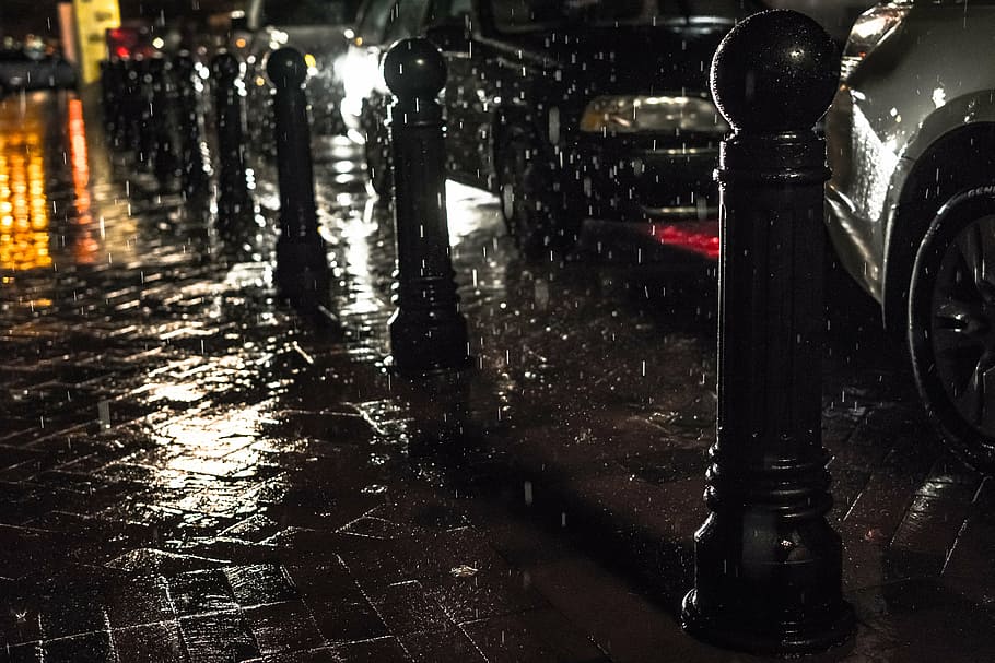 vehicles beside street during nighttime, lapse, photo, railings HD wallpaper