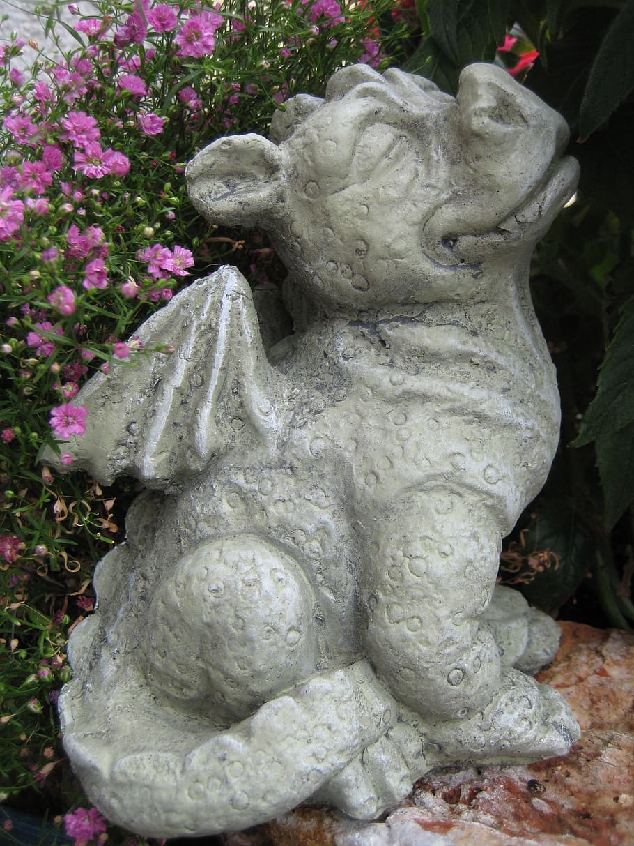 dragon, figure, mythical creatures, stone, garden, nostrils HD wallpaper