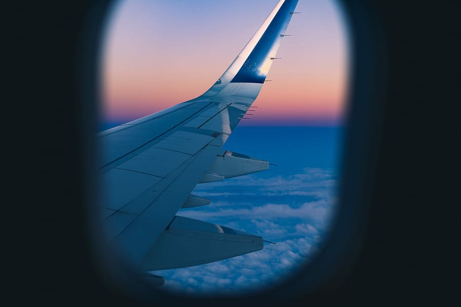 right aircraft wing on window, white airplane wing view from inside during golden hour HD wallpaper