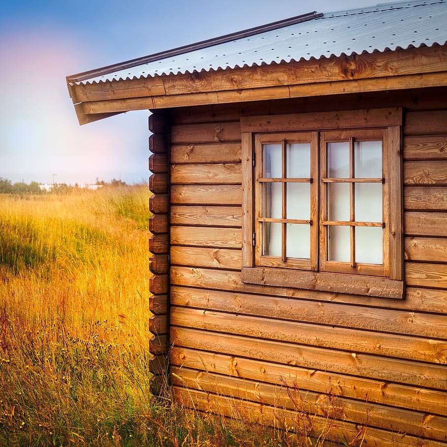 Hut, Meadow, Grass, Window, Log Cabin, closed, colorful, nature HD wallpaper
